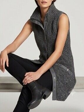 White House Black Market Wool Charcoal Knit Vest Faux Leather Trim Zip/snap Smal